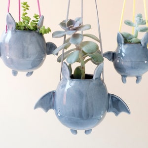 Flying Bat Hanging Plant Holder. A Cute Bat Hanging Vase in Ceramic. Handmade in Italy. Halloween Decoration.