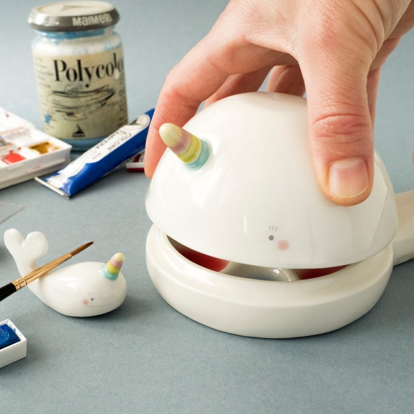 Ceramic Palette and Brush Rest, Narwhal Shaped. The Lid is a Bowl for Brushes. Kit or Single Item Handmade in Italy.