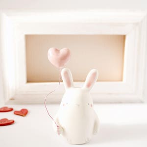 Bunny Figurine with a Balloon Heart in His Hand. A Cute Ceramic Bunny Handmade in Italy. Gift for Her