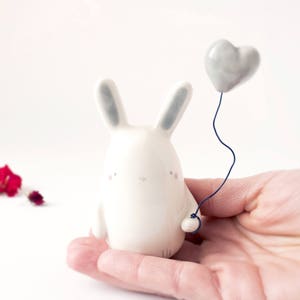 Bunny Figurine with Heart Balloon in his Hand. A Cute Ceramic Miniature, Handmade in Italy. Gift for Him.