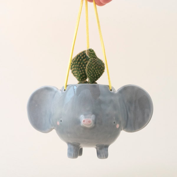 Flying Elephant Hanging Plant Holder. A Cute Elephant Shaped Vase in Ceramic. Perfect Gift for Elephant Collector. Handmade in Italy.