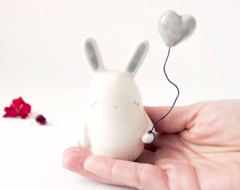 Bunny Figurine with Heart Balloon in his Hand. A Cute Ceramic Miniature, Handmade in Italy. Gift for Him.