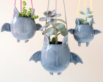 Flying Bat Hanging Plant Holder. A Cute Bat Hanging Vase in Ceramic. Handmade in Italy. Halloween Decoration.