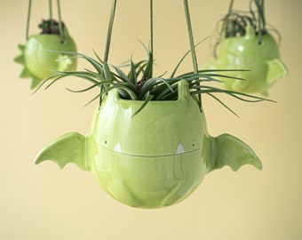 Flying Dragon Hanging Plant Holder. A Cute Dragon Hanging Vase in Ceramic. Handmade in Italy. Halloween Decoration.