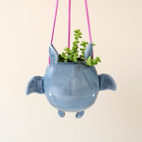 Flying Bat Hanging Plant Holder. A Cute Bat Shaped Hanging Vase in Ceramic. Handmade in Italy. Halloween Decoration.