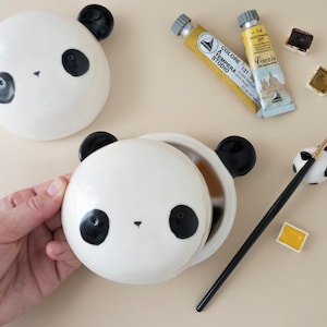 Ceramic Palette and Brush Rest, Panda Shaped. The Palette Lid is a Water Bowl for Brushes. Kit or Single Item Handmade in Italy.