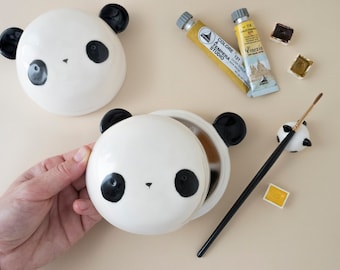Ceramic Palette and Brush Rest, Panda Shaped. The Palette Lid is a Water Bowl for Brushes. Kit or Single Item Handmade in Italy.