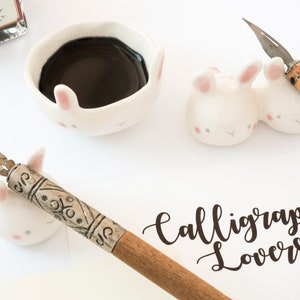 Calligraphy Kit Bunny shaped or Watercolor Set with Paintbrush rest and Ink pot, Handmade Ceramic. Kit or Single Item. Made in Italy. image 8