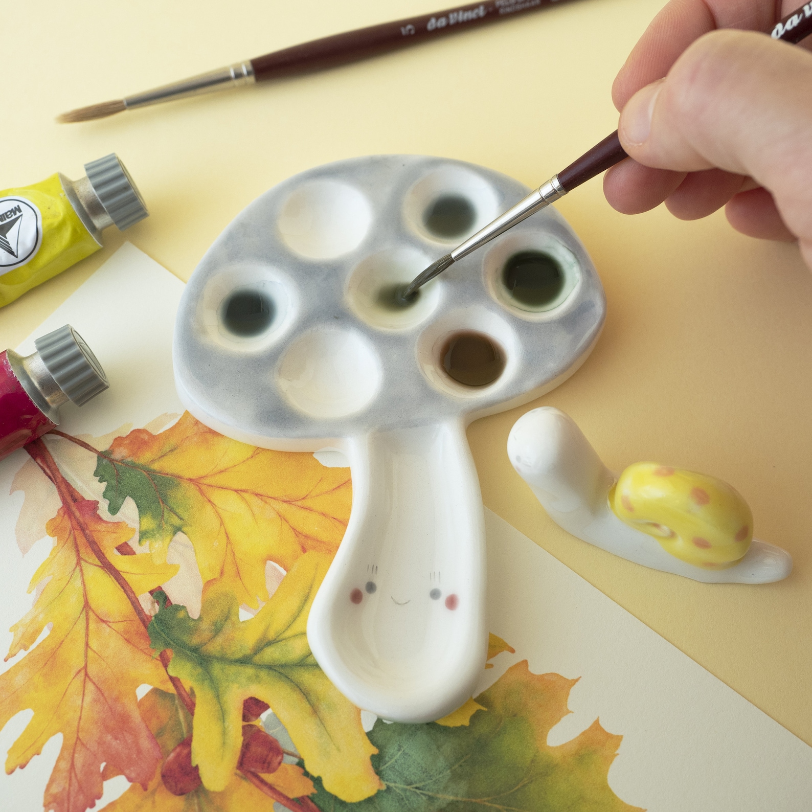 Ceramic Paint Palette and Brush Rest, Mushroom Palette Flat With Snail ...