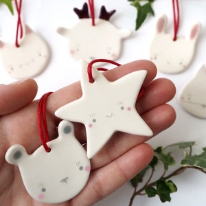 Ceramic Christimas Decoration Animal Face Shaped: Bunny, Polar Bear, Snowfox, Star, Reindeer, Cat. Handmade in Italy.