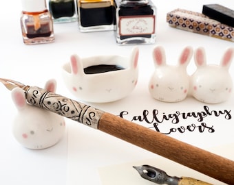 Calligraphy Kit Bunny shaped or Watercolor Set with Paintbrush rest and Ink pot, Handmade Ceramic. Kit or Single Item. Made in Italy.