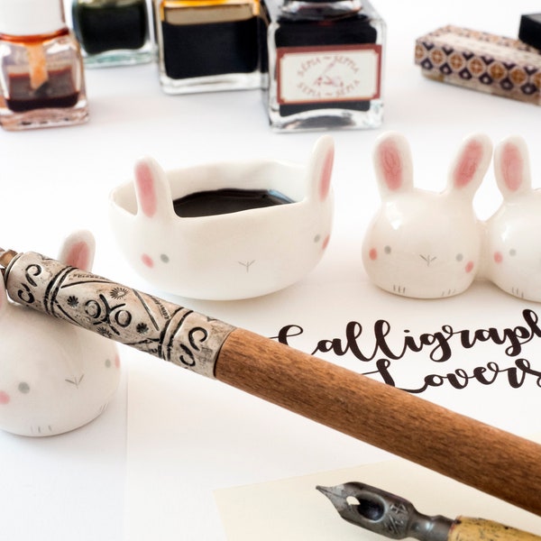 Calligraphy Kit Bunny shaped or Watercolor Set with Paintbrush rest and Ink pot, Handmade Ceramic. Kit or Single Item. Made in Italy.