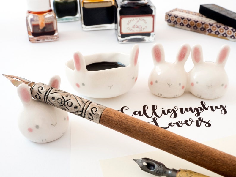 Calligraphy Kit Bunny shaped or Watercolor Set with Paintbrush rest and Ink pot, Handmade Ceramic. Kit or Single Item. Made in Italy. Whole kit (3 pcs)