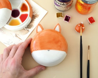 Ceramic Watercolor Palette and Brush Rest, Red Fox Face. The Palette Lid is a Water Bowl for Brushes. Kit or Single Item Handmade in Italy.