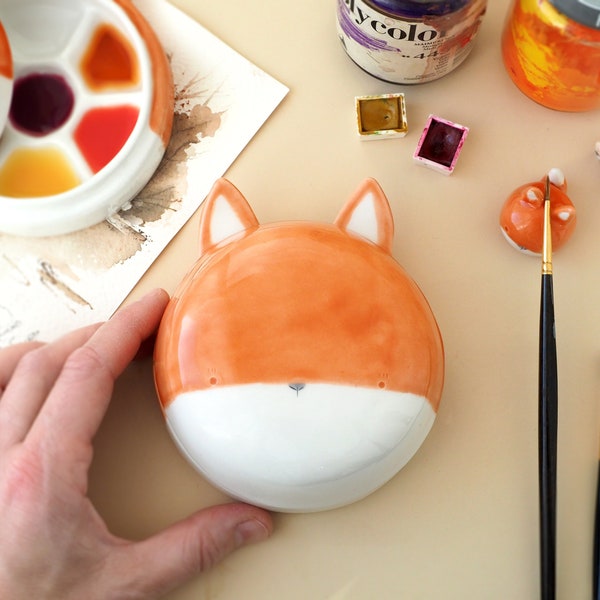 Ceramic Watercolor Palette and Brush Rest, Red Fox Face. The Palette Lid is a Water Bowl for Brushes. Kit or Single Item Handmade in Italy.