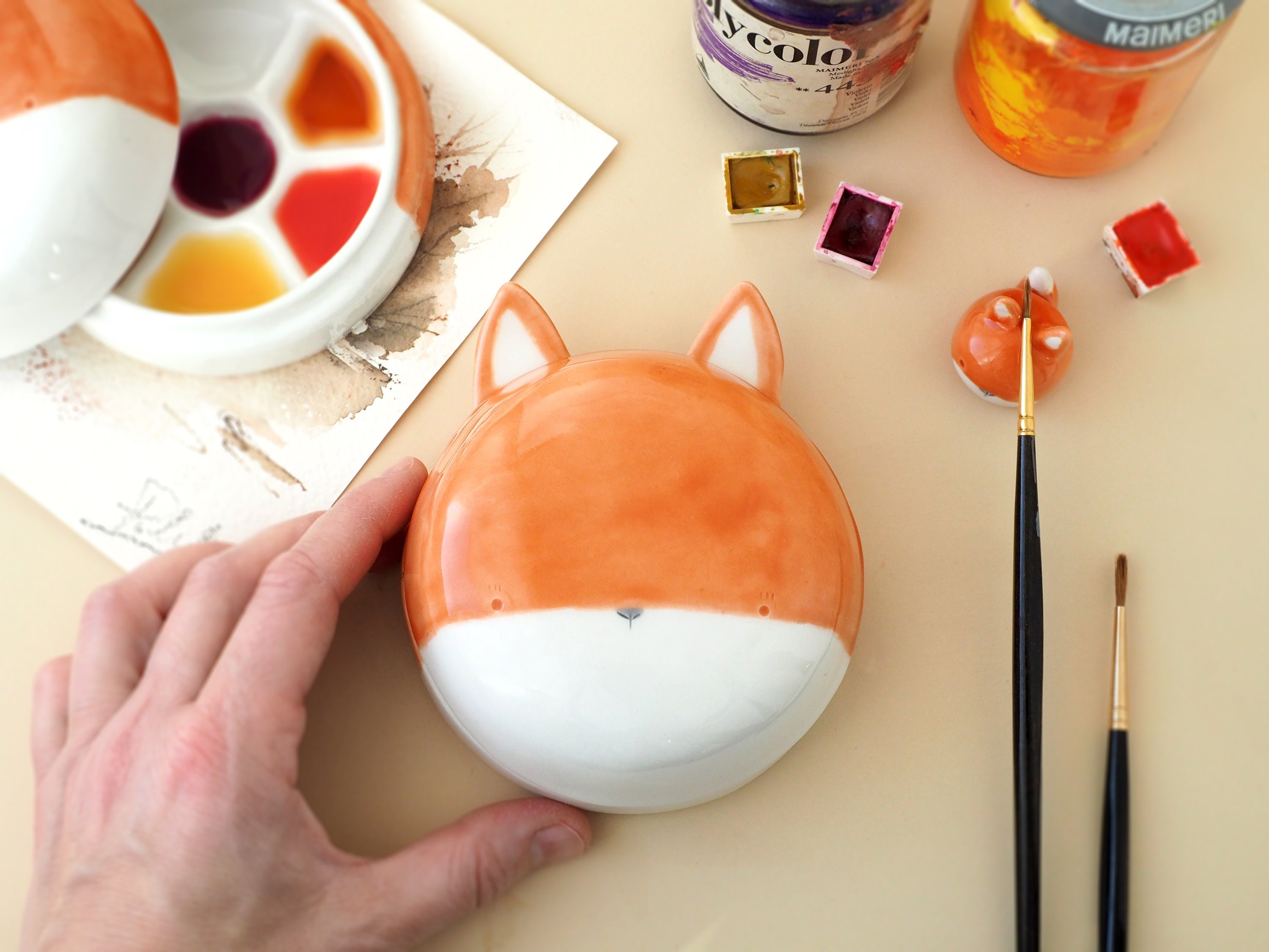 Ceramic Watercolor Palette and Brush Rest, Red Fox Face. the