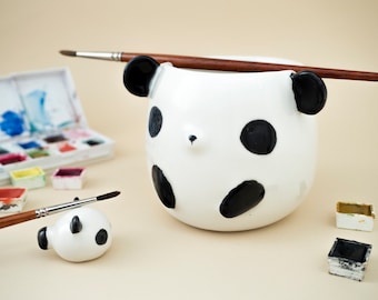 Paint Water Cup and Brush Rest Panda shaped. Brush Pot Gift for Artist. Kit or Single Item. Ceramic Handmade in Italy.