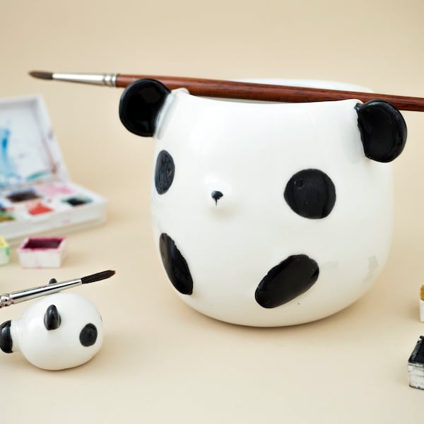 Paint Water Cup and Brush Rest Panda shaped. Brush Pot Gift for Artist. Kit or Single Item. Ceramic Handmade in Italy.