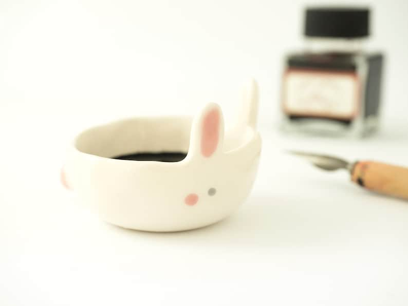 Calligraphy Kit Bunny shaped or Watercolor Set with Paintbrush rest and Ink pot, Handmade Ceramic. Kit or Single Item. Made in Italy. Ink pot