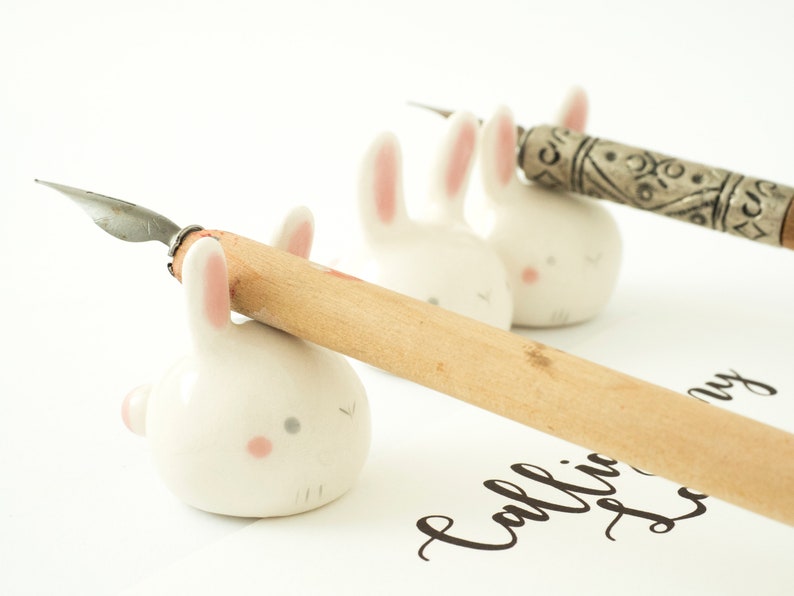 Calligraphy Kit Bunny shaped or Watercolor Set with Paintbrush rest and Ink pot, Handmade Ceramic. Kit or Single Item. Made in Italy. image 7