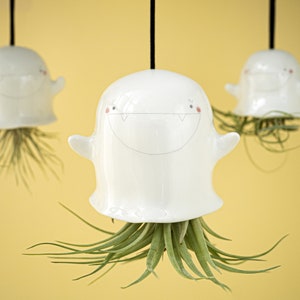 Ghost Hanging Air Plant Holder. A Cute Ghost Planter Pot in Ceramic. Handmade in Italy. Halloween Decoration. image 1