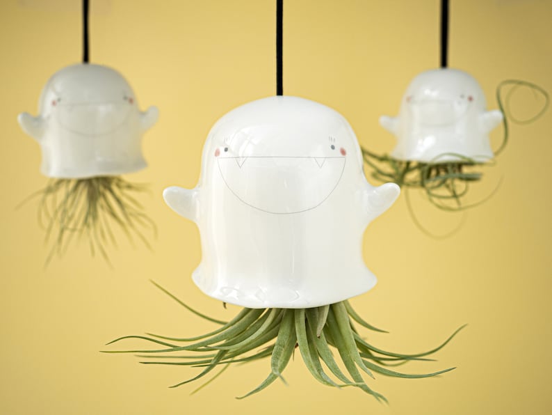 Ghost Hanging Air Plant Holder. A Cute Ghost Planter Pot in Ceramic. Handmade in Italy. Halloween Decoration. image 1