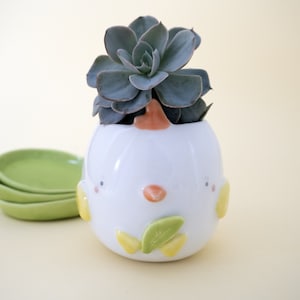 Vaso a forma di Gallina con Foglia verde e Sottovaso. Cerámica fatta a mano en Italia