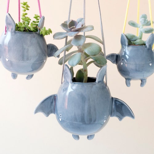 Flying Bat Hanging Plant Holder. A Cute Bat Hanging Vase in Ceramic. Handmade in Italy. Halloween Decoration.
