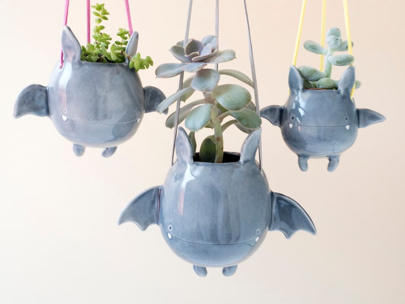 Flying Bat Hanging Plant Holder. A Cute Bat Hanging Vase in Ceramic. Handmade in Italy. Halloween Decoration. SET OF 3 (S+M+L)
