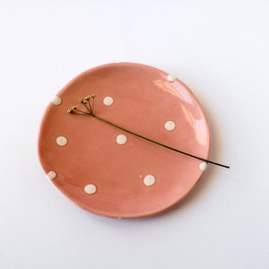 May include: A pink ceramic dish with white polka dots. A small sprig of dried flowers rests on the dish.