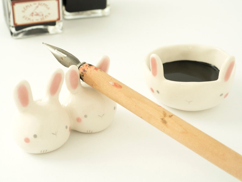 Calligraphy Kit Bunny shaped or Watercolor Set with Paintbrush rest and Ink pot, Handmade Ceramic. Kit or Single Item. Made in Italy. image 6