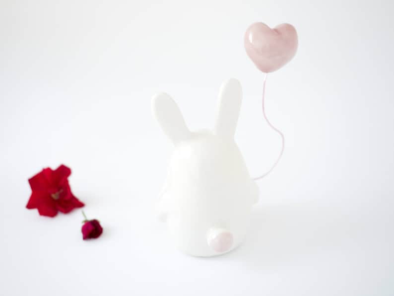 Easter Bunny Figurine with Heart Shaped Balloon Handmade in Italy. Cute Ceramic Bunny Miniature with Balloon Heart