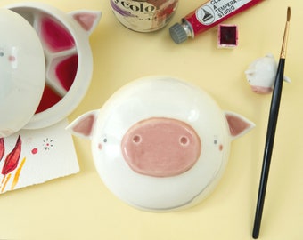 Ceramic Palette and Brush Rest, Pig Shaped. The Palette Lid is a Water Bowl for Brushes. Kit or Single Item. Handmade in Italy.