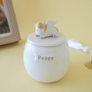 Könnte beinhalten: Weiße Keramik-Haustierurne mit einer schlafenden Meerschweinchen-Engelsfigur. Die Urne trägt den Namen "Poppy". Im Hintergrund befindet sich ein gerahmtes Foto eines Meerschweinchens.