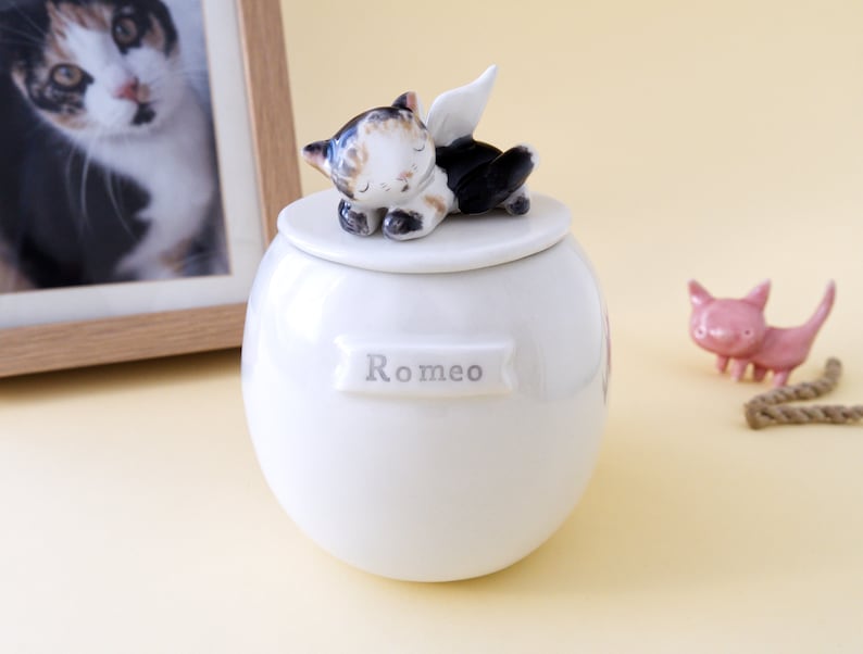 May include: White ceramic pet urn with a sleeping cat figurine on the lid. The urn has a nameplate that reads "Romeo".