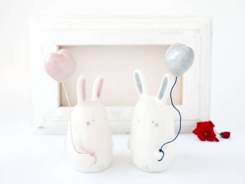 Easter Bunny Figurine with Heart Shaped Balloon Handmade in Italy. Cute Ceramic Bunny Miniature with Balloon Heart
