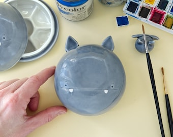 Ceramic Watercolor Palette and Brush Rest, Bat Face Shaped. The Palette Lid is a Bowl for Brushes. Kit or Single Item. Handmade in Italy.