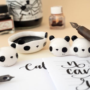 Calligraphy Kit Panda Shaped with Brush Rest and Inkwell, Kit or Single Item. Ceramic Handmade in Italy.