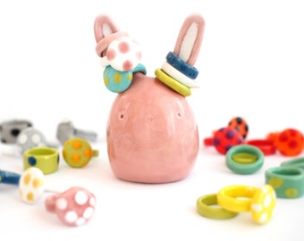 Bunny Ring Holder, Pink Ceramic Bunny to Hold Rings, Gift for Her. Made in Italy