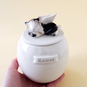 May include: White ceramic pet urn with a sleeping cat figurine on the lid. The cat has black, white, and brown fur and angel wings. The urn has the name "Romeo" inscribed on the front.
