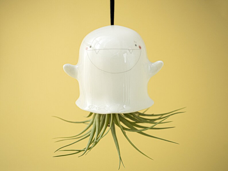 Ghost Hanging Air Plant Holder. A Cute Ghost Planter Pot in Ceramic. Handmade in Italy. Halloween Decoration. image 2