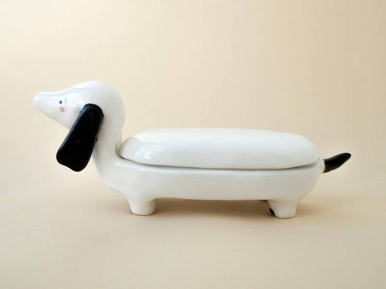 Ceramic Palette and Brush Rest, Dachshund Shaped. The Lid is a Mixing Color Section. Kit or single item. Handmade in Italy. Dachshund Palette