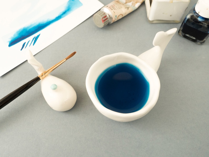 Calligraphy Ink Well and Brush Rest Whale Shaped. Gift for Artist. Kit or Single Item. Ceramic Handmade in Italy. image 4