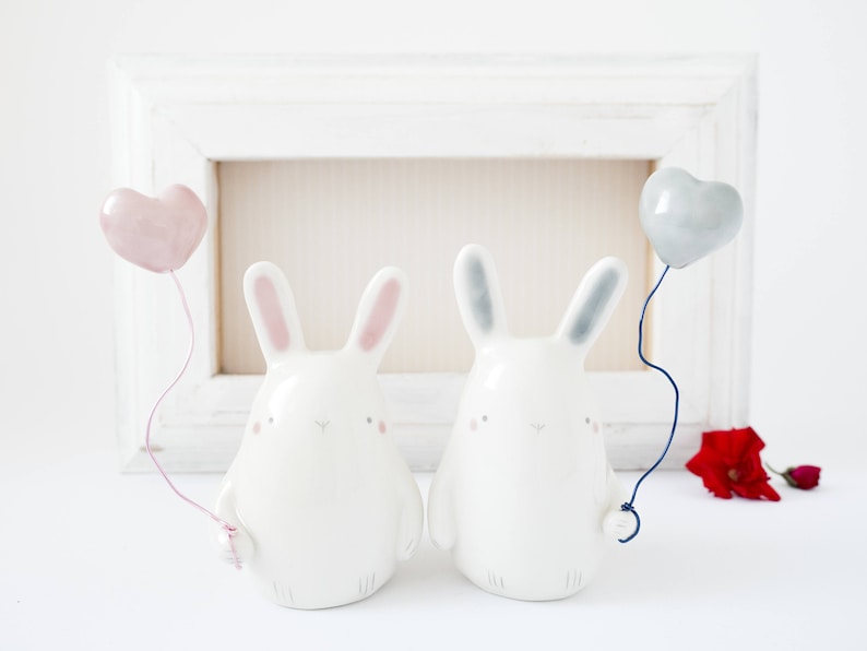 Easter Bunny Figurine with Heart Shaped Balloon Handmade in Italy. Cute Ceramic Bunny Miniature with Balloon Heart