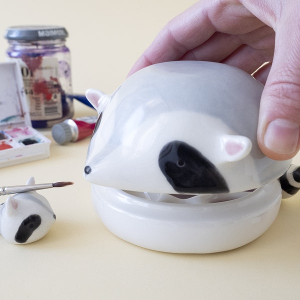 Ceramic Palette and Brush Rest, Raccoon Shaped. The Palette Lid is a Water Bowl for Brushes. Kit or Single Item. Handmade in Italy.