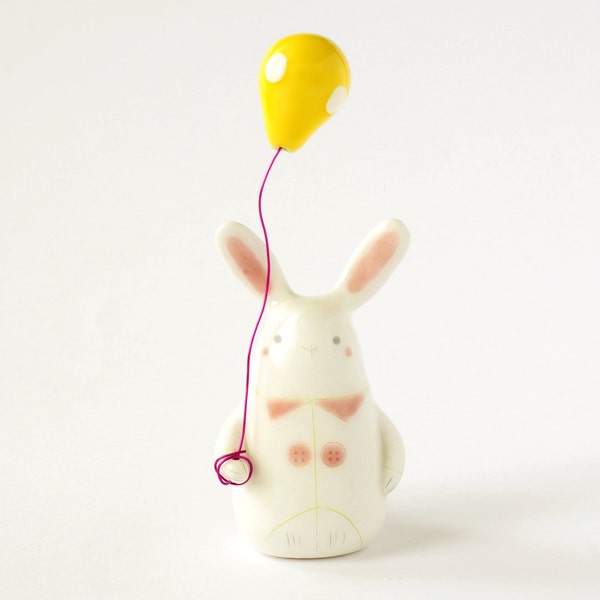 Cute Ceramic Rabbit Figurine with Balloon. Handmade in Italy.