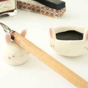 Calligraphy Kit Bunny shaped or Watercolor Set with Paintbrush rest and Ink pot, Handmade Ceramic. Kit or Single Item. Made in Italy. image 5