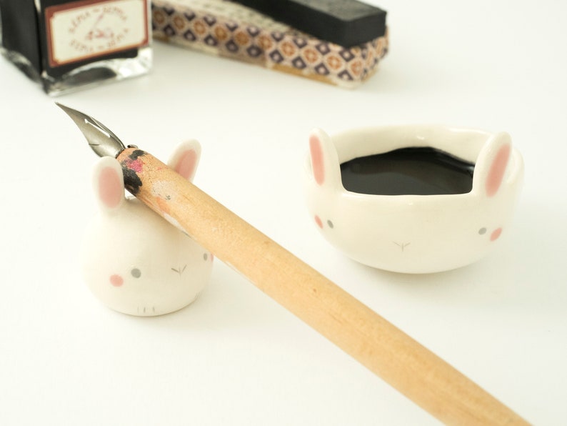 Calligraphy Kit Bunny shaped or Watercolor Set with Paintbrush rest and Ink pot, Handmade Ceramic. Kit or Single Item. Made in Italy. image 5