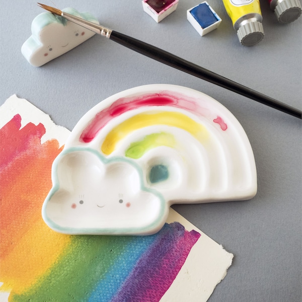 Ceramic Paint Portable Palette and Brush Rest, Rainbow Palette Flat With Cloud Brush Rest. Kit or Single Item. Handmade in Italy.