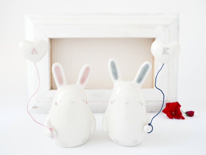 Easter Bunny Figurine with Heart Shaped Balloon Handmade in Italy. Cute Ceramic Bunny Miniature with Balloon Heart